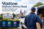 Watton delivery driver beside a parcel van, with a village sign and headline about the firing incident and local news.