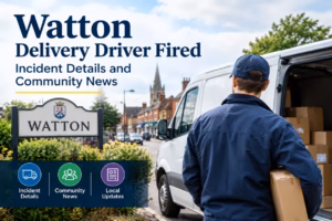 Watton delivery driver beside a parcel van, with a village sign and headline about the firing incident and local news.