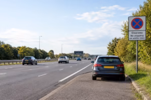 A car stopped beside a UK clearway sign on a busy highway with traffic flowing past.