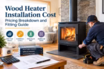 Wood heater installation guide featuring a modern wood stove, installer, tools, and cost breakdown icons.