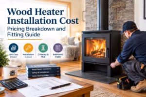 Wood heater installation guide featuring a modern wood stove, installer, tools, and cost breakdown icons.