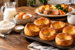 Golden Yorkshire puddings in a baking tray beside flour, eggs, milk, and a traditional Sunday roast with vegetables.