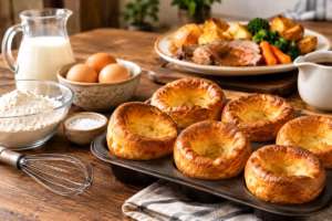 Golden Yorkshire puddings in a baking tray beside flour, eggs, milk, and a traditional Sunday roast with vegetables.