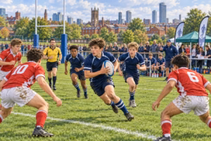 Young rugby players compete in a Manchester tournament as coaches, families, and spectators watch.